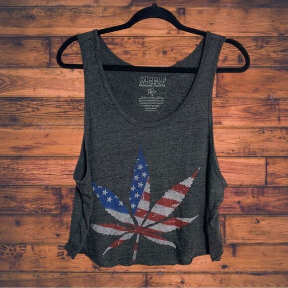 5 for $25🔥Ripple Junction Hemp Leave American Flag Cropped Grey Tank Top Medium - Picture 1 of 4